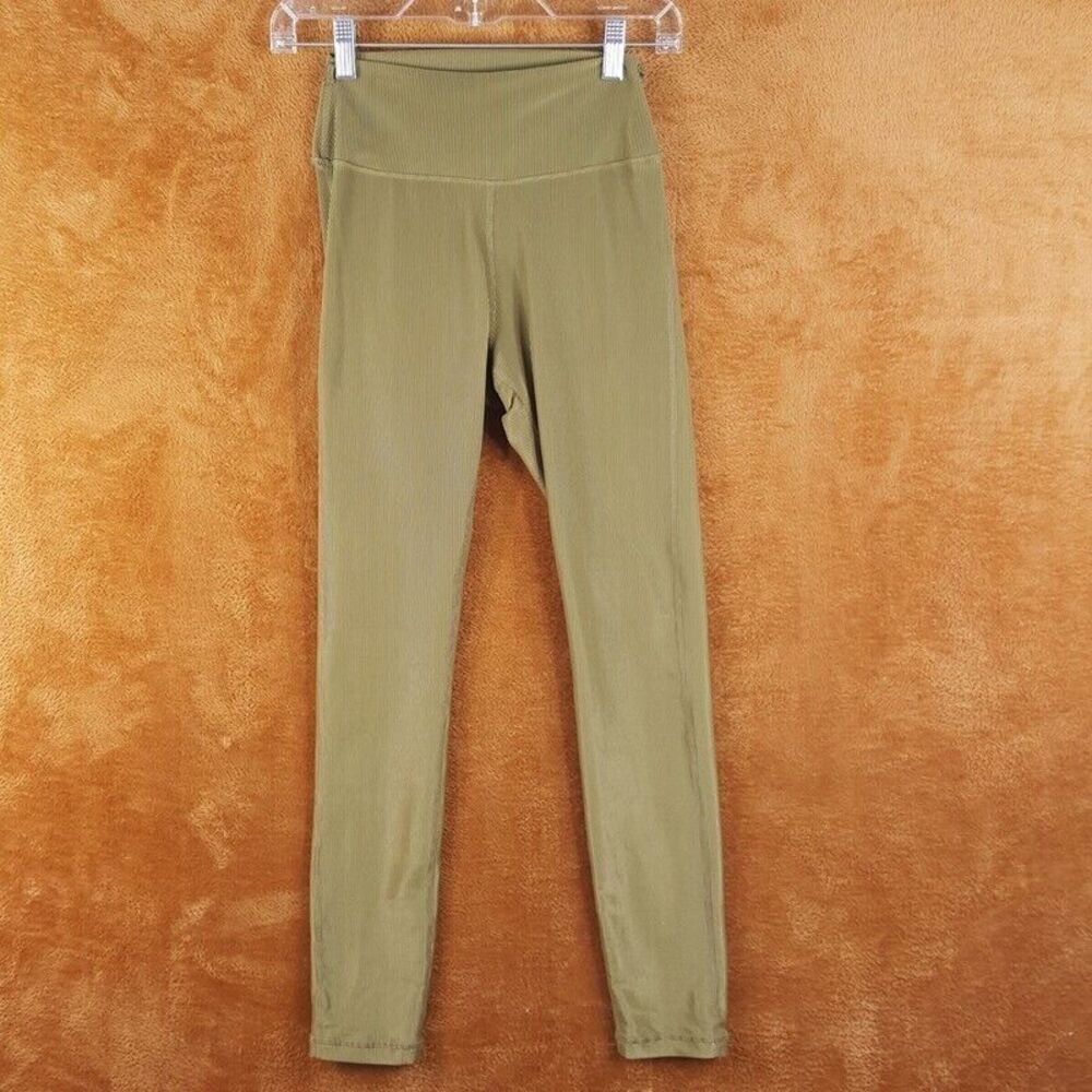 WE WORE WHAT Womens Leggings XS Green Ribbed High Waisted Full Length Stretch